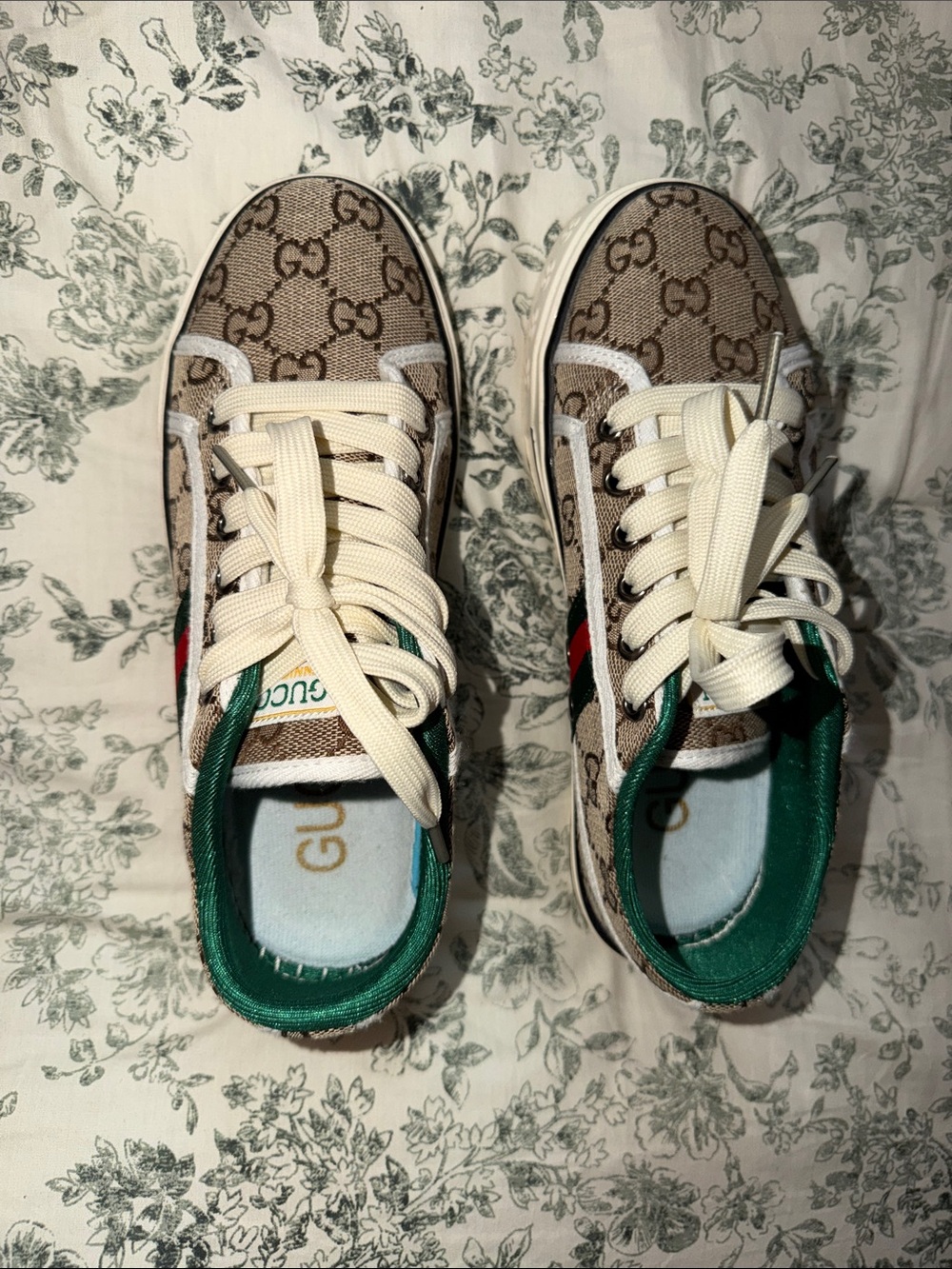 Beige GG Canvas Sneakers with Green Trim and Red Web Stripe